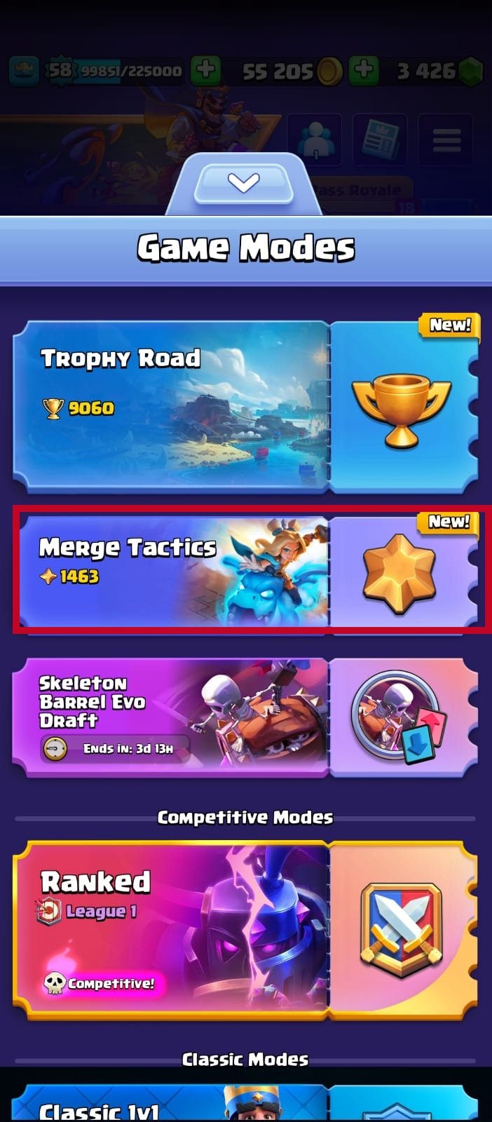 Merge Tactics Mode Selection in Clash Royale